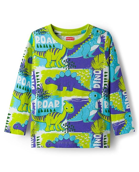 Babyhug Cotton Knit Full Sleeves Dino Printed T-Shirt & Pyjama Co-Ord  Night Suit - Green & Navy Blue