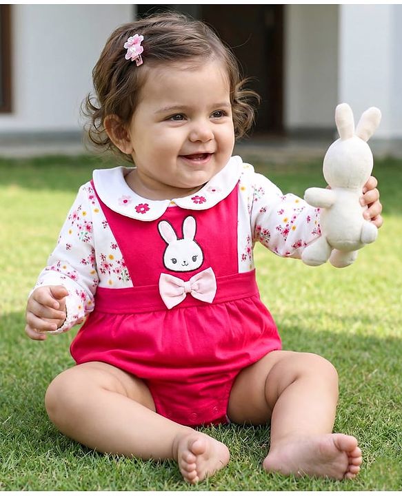 Babyhug 100% Cotton Knit Full Sleeves Floral & Bunny Printed Onesie with Hairband - Dark Pink & White