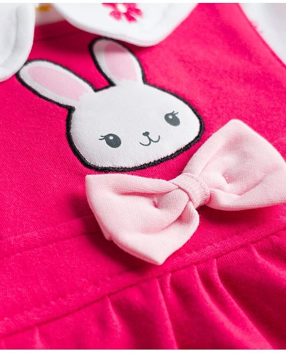 Babyhug 100% Cotton Knit Full Sleeves Floral & Bunny Printed Onesie with Hairband - Dark Pink & White
