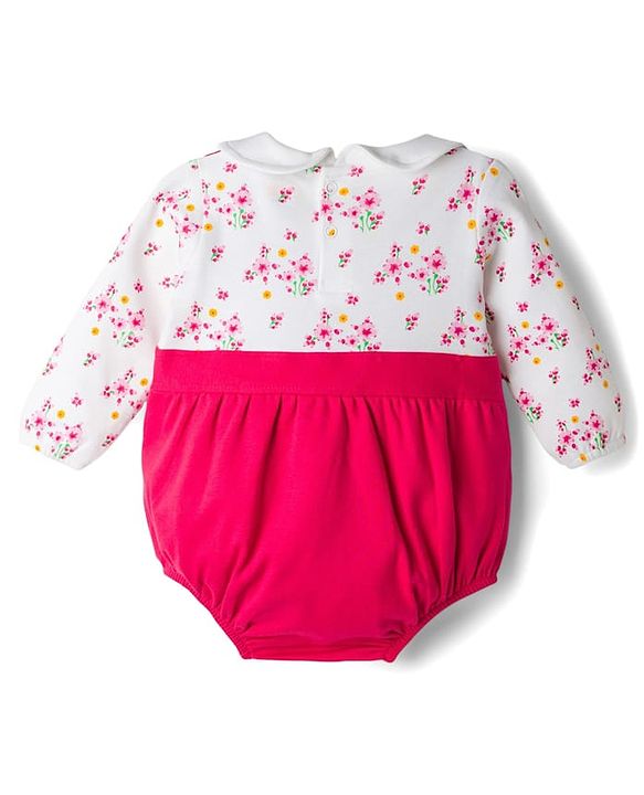 Babyhug 100% Cotton Knit Full Sleeves Floral & Bunny Printed Onesie with Hairband - Dark Pink & White