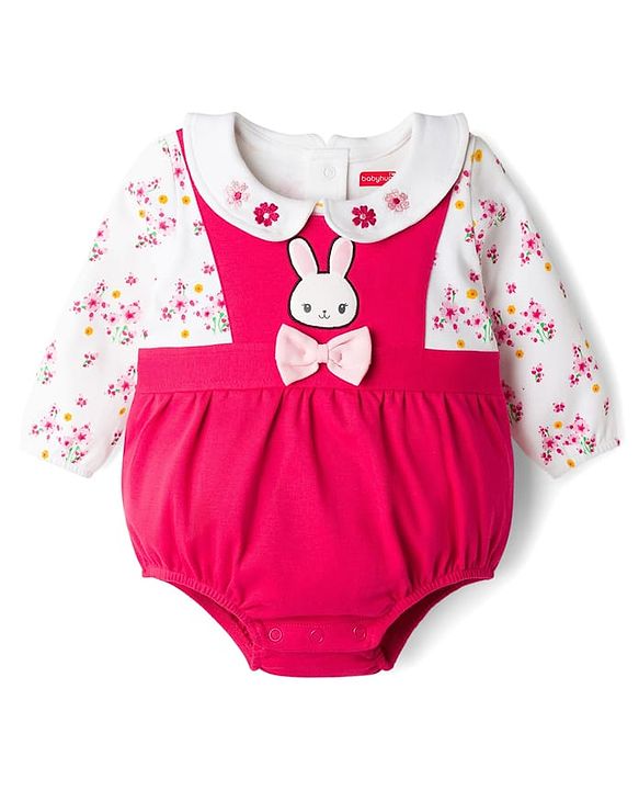 Babyhug 100% Cotton Knit Full Sleeves Floral & Bunny Printed Onesie with Hairband - Dark Pink & White