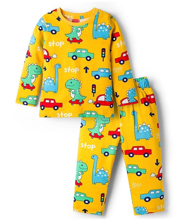 Babyhug Cotton Knit Full Sleeves Co-ords T-Shirt & Pajama Night Suit with Dino Print - Yellow