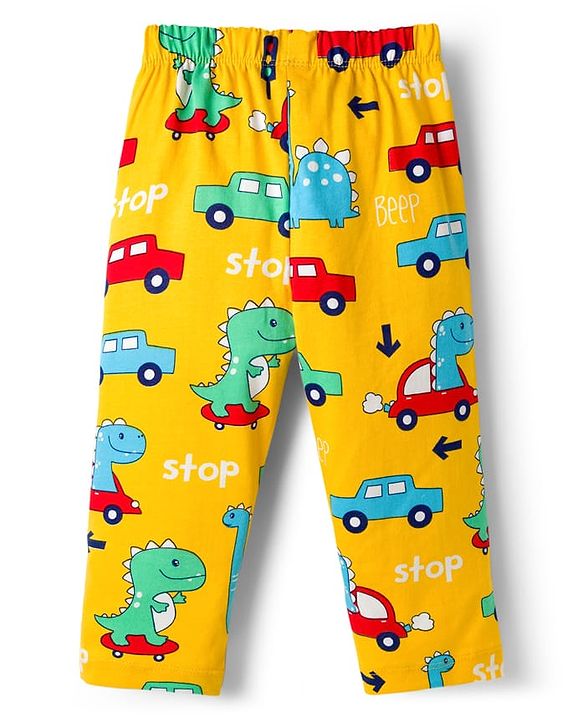 Babyhug Cotton Knit Full Sleeves Co-ords T-Shirt & Pajama Night Suit with Dino Print - Yellow