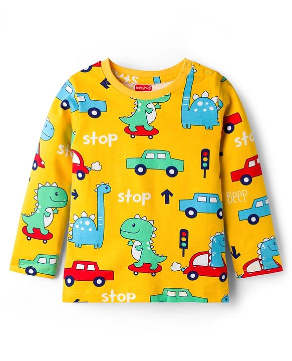 Babyhug Cotton Knit Full Sleeves Co-ords T-Shirt & Pajama Night Suit with Dino Print - Yellow