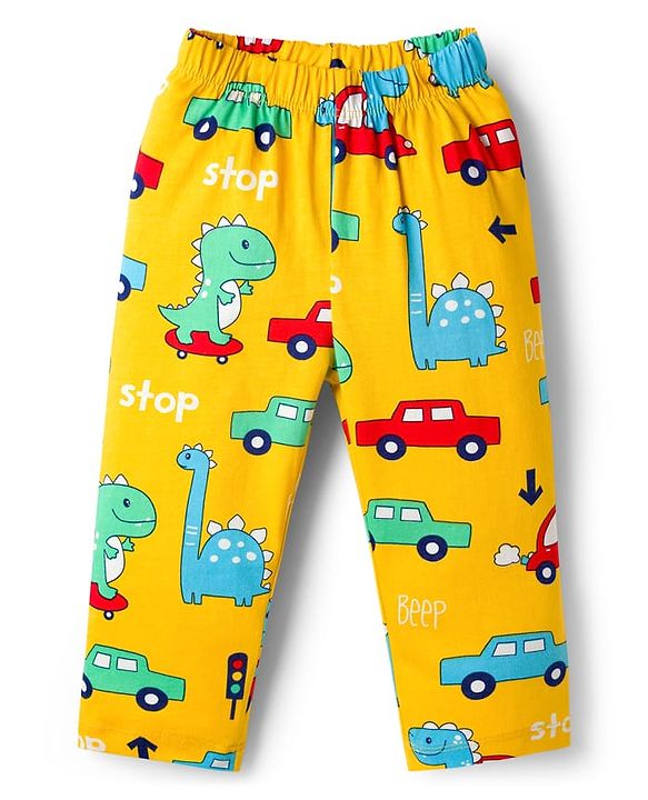 Babyhug Cotton Knit Full Sleeves Co-ords T-Shirt & Pajama Night Suit with Dino Print - Yellow