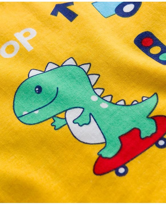Babyhug Cotton Knit Full Sleeves Co-ords T-Shirt & Pajama Night Suit with Dino Print - Yellow