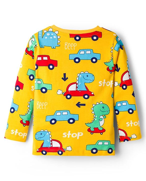 Babyhug Cotton Knit Full Sleeves Co-ords T-Shirt & Pajama Night Suit with Dino Print - Yellow