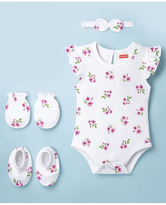 Babyhug 100% Cotton Knit Frill Sleeves Floral Print Onesie with Hairband Mittens & Booties - White