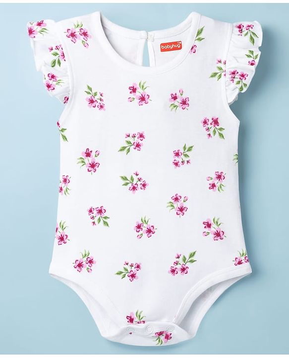 Babyhug 100% Cotton Knit Frill Sleeves Floral Print Onesie with Hairband Mittens & Booties - White