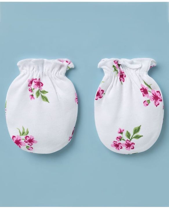 Babyhug 100% Cotton Knit Frill Sleeves Floral Print Onesie with Hairband Mittens & Booties - White