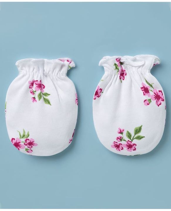 Babyhug 100% Cotton Knit Frill Sleeves Floral Print Onesie with Hairband Mittens & Booties - White
