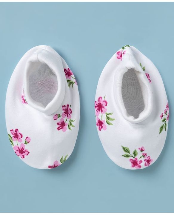 Babyhug 100% Cotton Knit Frill Sleeves Floral Print Onesie with Hairband Mittens & Booties - White