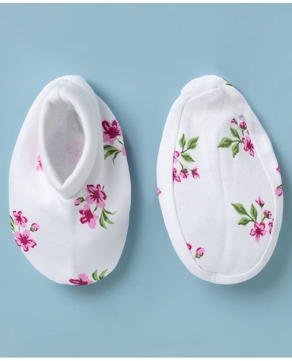 Babyhug 100% Cotton Knit Frill Sleeves Floral Print Onesie with Hairband Mittens & Booties - White
