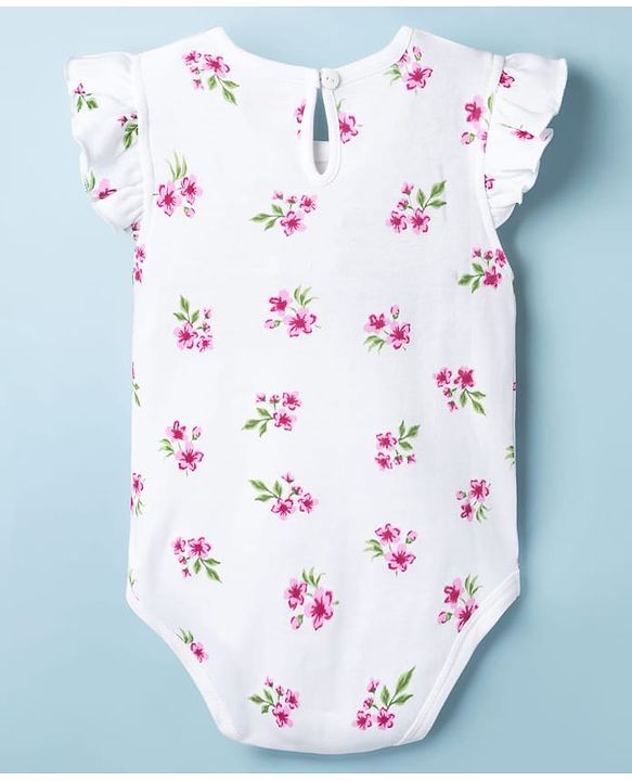 Babyhug 100% Cotton Knit Frill Sleeves Floral Print Onesie with Hairband Mittens & Booties - White