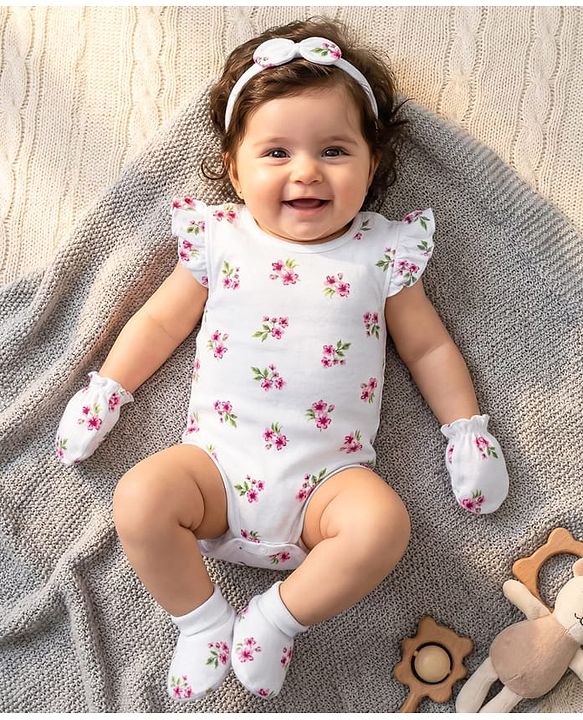 Babyhug 100% Cotton Knit Frill Sleeves Floral Print Onesie with Hairband Mittens & Booties - White