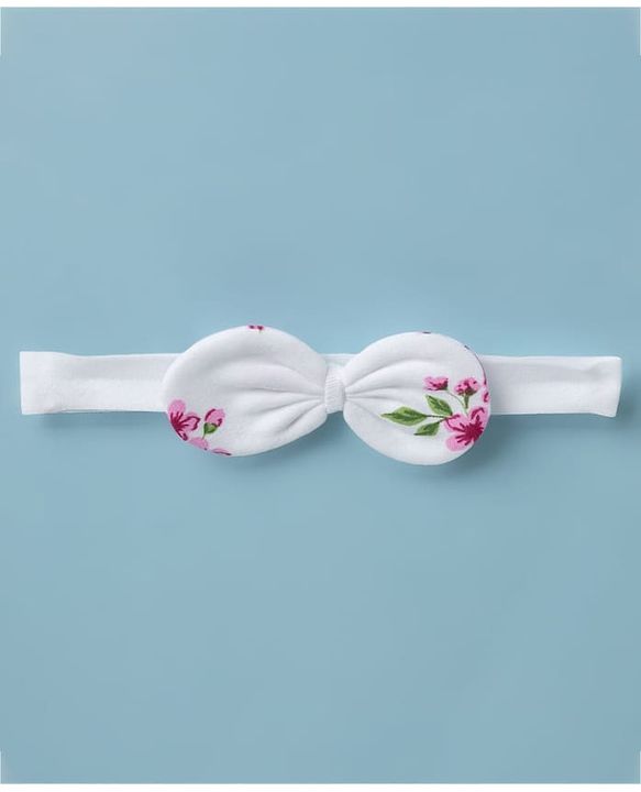 Babyhug 100% Cotton Knit Frill Sleeves Floral Print Onesie with Hairband Mittens & Booties - White