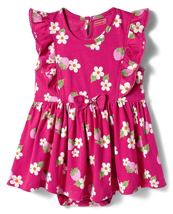 Babyhug 100% Cotton Knit Frill Sleeves Strawberry & Floral Printed Onesies with Headband & Booties - Red