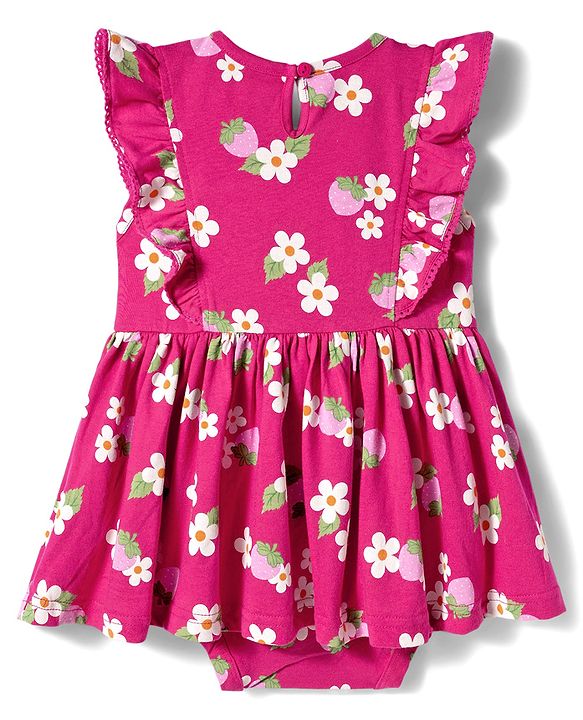 Babyhug 100% Cotton Knit Frill Sleeves Strawberry & Floral Printed Onesies with Headband & Booties - Red