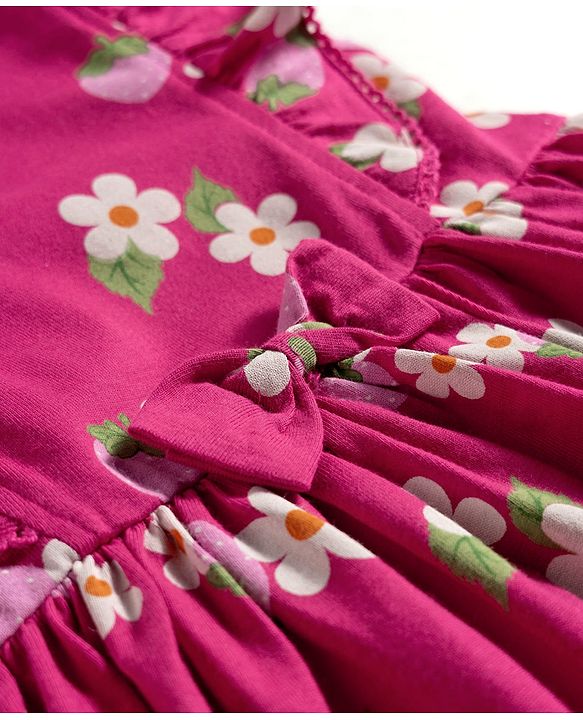 Babyhug 100% Cotton Knit Frill Sleeves Strawberry & Floral Printed Onesies with Headband & Booties - Red