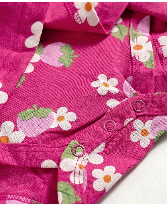 Babyhug 100% Cotton Knit Frill Sleeves Strawberry & Floral Printed Onesies with Headband & Booties - Red