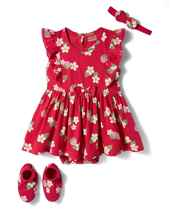 Babyhug 100% Cotton Knit Frill Sleeves Strawberry & Floral Printed Onesies with Headband & Booties - Red