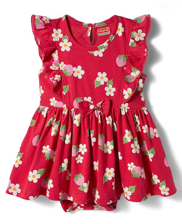 Babyhug 100% Cotton Knit Frill Sleeves Strawberry & Floral Printed Onesies with Headband & Booties - Red