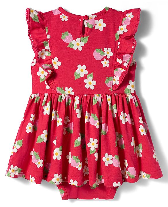 Babyhug 100% Cotton Knit Frill Sleeves Strawberry & Floral Printed Onesies with Headband & Booties - Red