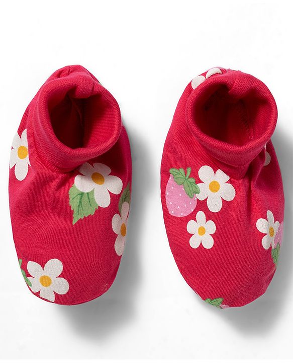 Babyhug 100% Cotton Knit Frill Sleeves Strawberry & Floral Printed Onesies with Headband & Booties - Red