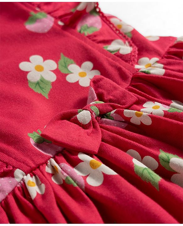 Babyhug 100% Cotton Knit Frill Sleeves Strawberry & Floral Printed Onesies with Headband & Booties - Red