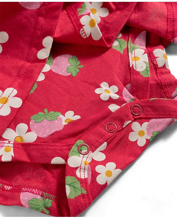 Babyhug 100% Cotton Knit Frill Sleeves Strawberry & Floral Printed Onesies with Headband & Booties - Red