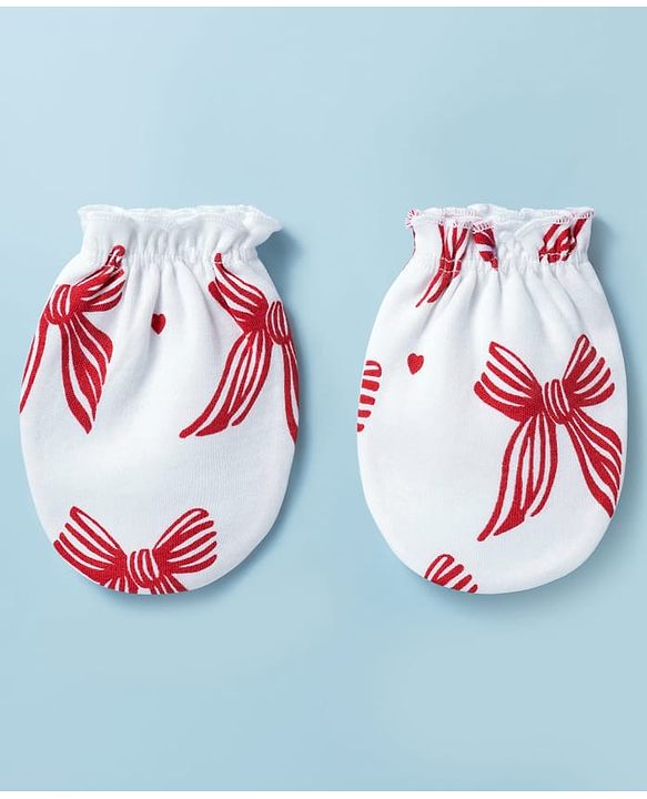 Babyhug 100% Cotton Knit Sleeveless Bow Printed Onesies With Headband Booties & Mitten - Multicolour