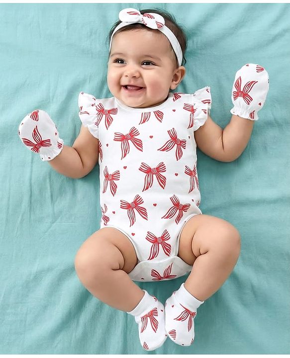 Babyhug 100% Cotton Knit Sleeveless Bow Printed Onesies With Headband Booties & Mitten - Multicolour