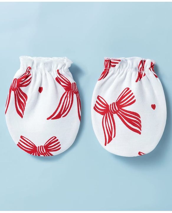 Babyhug 100% Cotton Knit Sleeveless Bow Printed Onesies With Headband Booties & Mitten - Multicolour