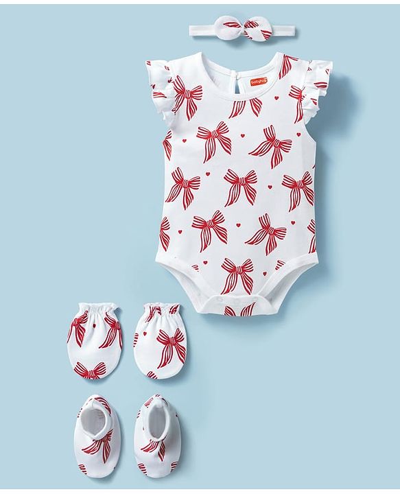 Babyhug 100% Cotton Knit Sleeveless Bow Printed Onesies With Headband Booties & Mitten - Multicolour