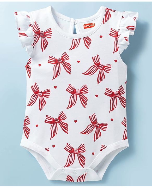 Babyhug 100% Cotton Knit Sleeveless Bow Printed Onesies With Headband Booties & Mitten - Multicolour