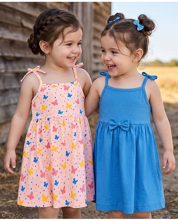 Babyhug Single Jersey Knit Sleeveless Butterfly & Polka Dots Printed Frocks Pack Of 2 - Multicolor