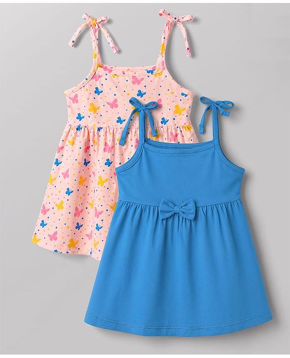 Babyhug Single Jersey Knit Sleeveless Butterfly & Polka Dots Printed Frocks Pack Of 2 - Multicolor