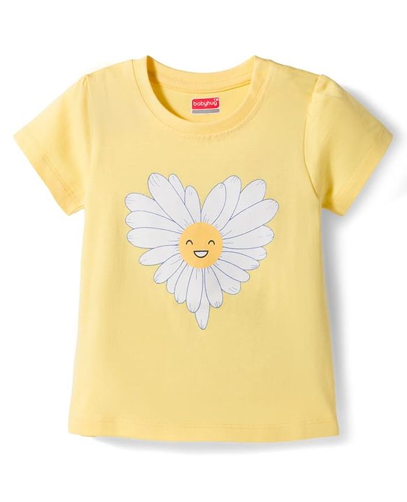 Babyhug Cotton Knit Half Sleeves Floral Printed T-Shirt & Capri Night Suit - Yellow