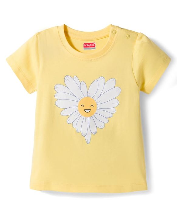 Babyhug Cotton Knit Half Sleeves Floral Printed T-Shirt & Capri Night Suit - Yellow