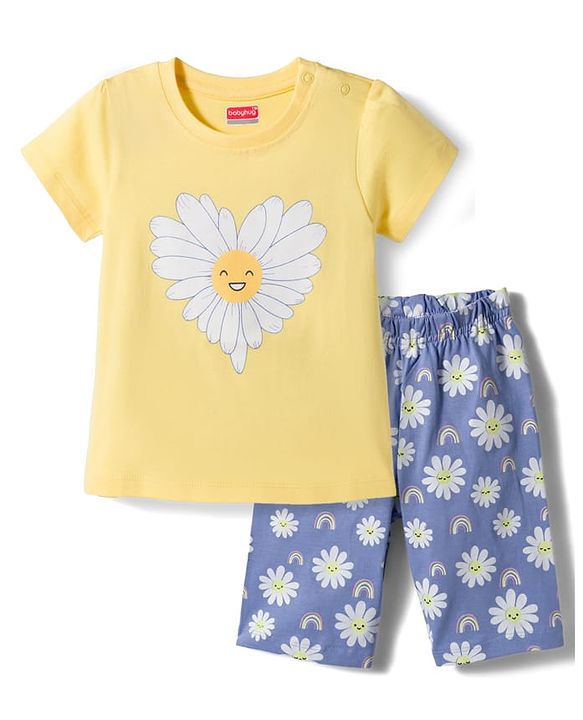 Babyhug Cotton Knit Half Sleeves Floral Printed T-Shirt & Capri Night Suit - Yellow