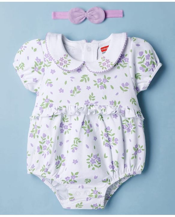 Babyhug 100 % Cotton Knit Half Sleeves Floral Printed Onesies with Hairband - White & Purple