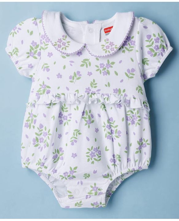 Babyhug 100 % Cotton Knit Half Sleeves Floral Printed Onesies with Hairband - White & Purple