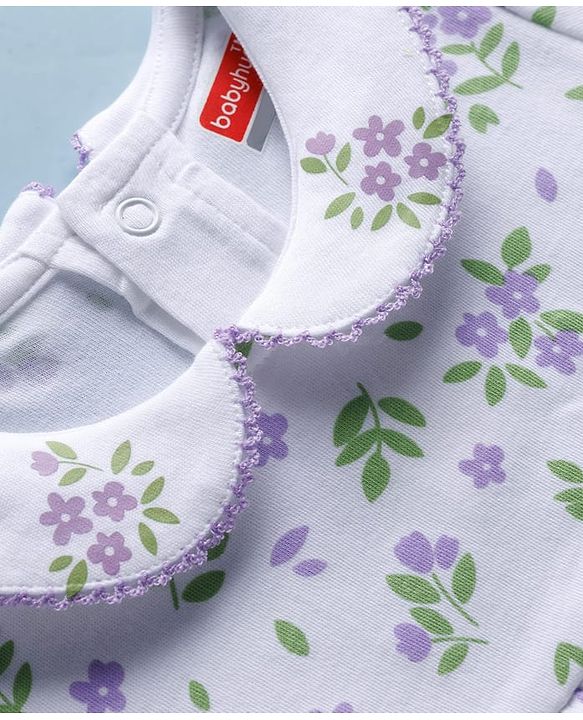 Babyhug 100 % Cotton Knit Half Sleeves Floral Printed Onesies with Hairband - White & Purple