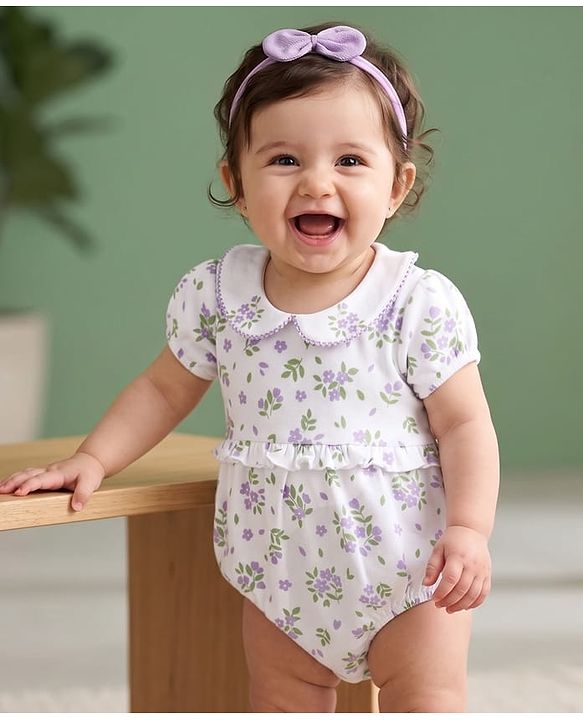 Babyhug 100 % Cotton Knit Half Sleeves Floral Printed Onesies with Hairband - White & Purple
