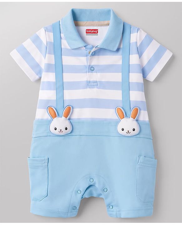 Babyhug 100% Cotton Knit Half Sleeves Striped Polo Romper with Bunny Applique - Multicolor