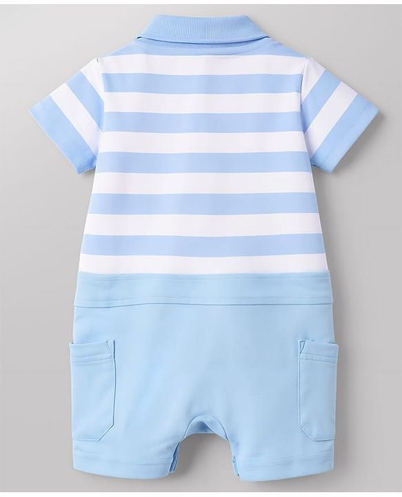 Babyhug 100% Cotton Knit Half Sleeves Striped Polo Romper with Bunny Applique - Multicolor