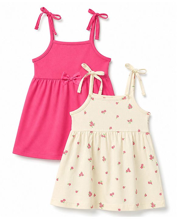 Babyhug Cotton Knit One Piece Dresses/Frocks with Bow & All Over Prints Multi Color New Born Pack of 2