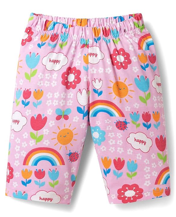 Babyhug Cotton Knit Half Sleeves Rainbow Printed Co-Ord T-Shirt & Capri Night Suit Set -Pink
