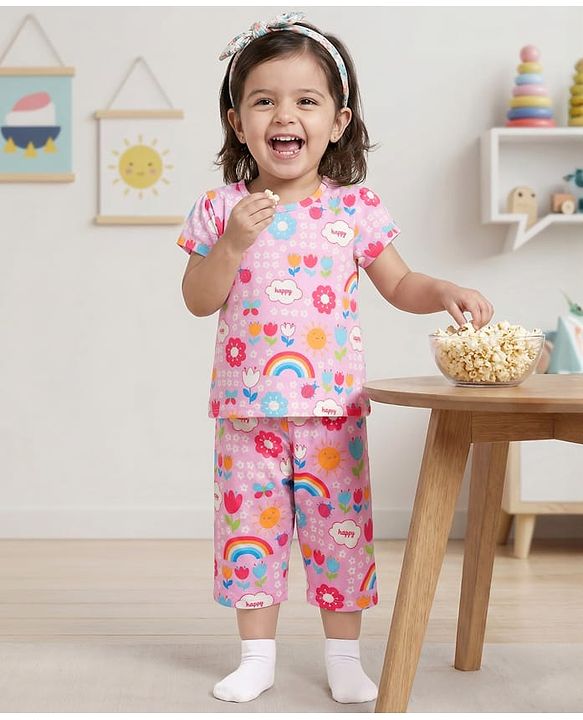 Babyhug Cotton Knit Half Sleeves Rainbow Printed Co-Ord T-Shirt & Capri Night Suit Set -Pink