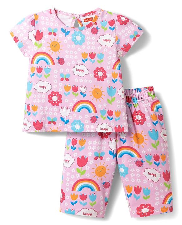 Babyhug Cotton Knit Half Sleeves Rainbow Printed Co-Ord T-Shirt & Capri Night Suit Set -Pink